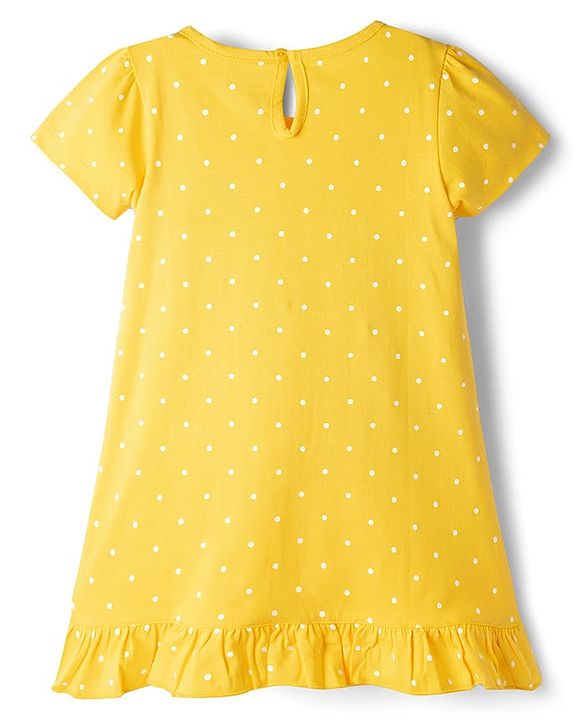 Babyhug Cotton Knit Half Sleeves Nighty With Polka Dot Print - Yellow