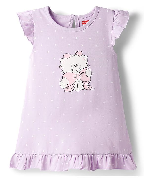 Babyhug Cotton Knit Half Sleeves Polka Sots & Kitty Printed Nighty - Lavender
