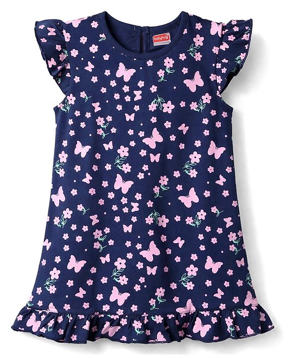 Babyhug Cotton Knit Half Sleeves Nighty With Floral & Butterfly Print - Navy Blue
