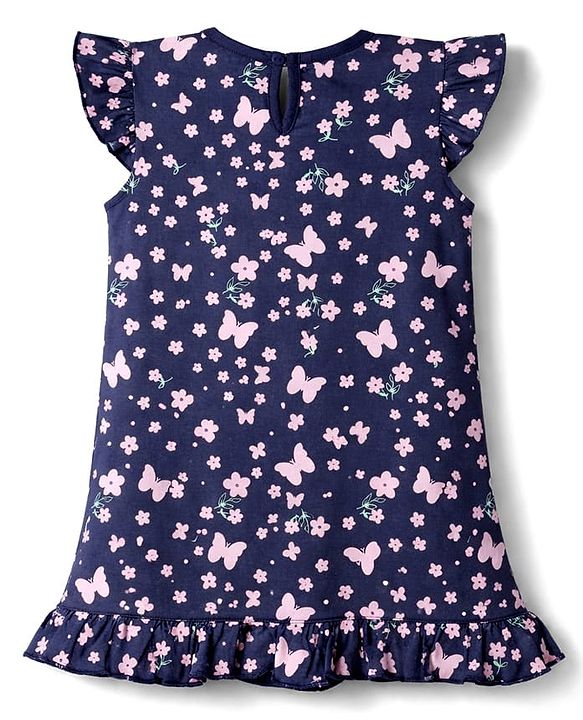 Babyhug Cotton Knit Half Sleeves Nighty With Floral & Butterfly Print - Navy Blue