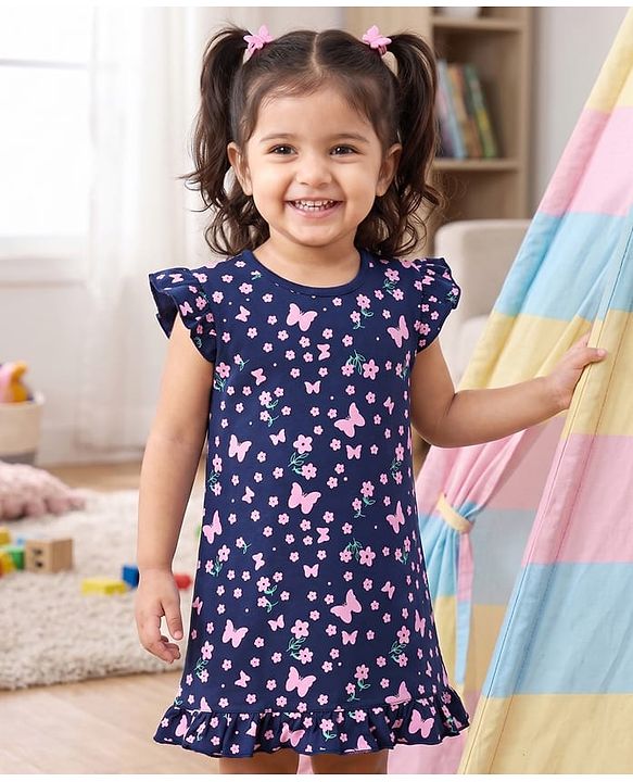 Babyhug Cotton Knit Half Sleeves Nighty With Floral & Butterfly Print - Navy Blue