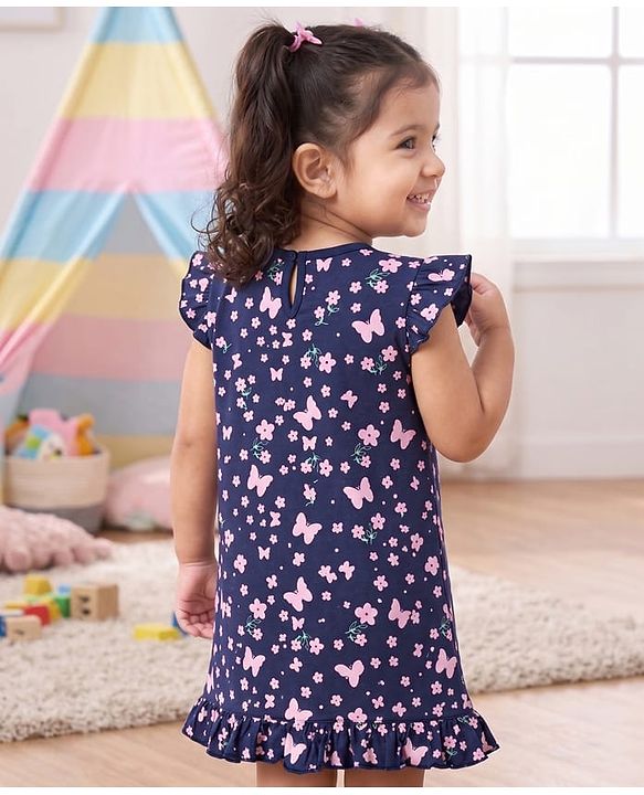 Babyhug Cotton Knit Half Sleeves Nighty With Floral & Butterfly Print - Navy Blue