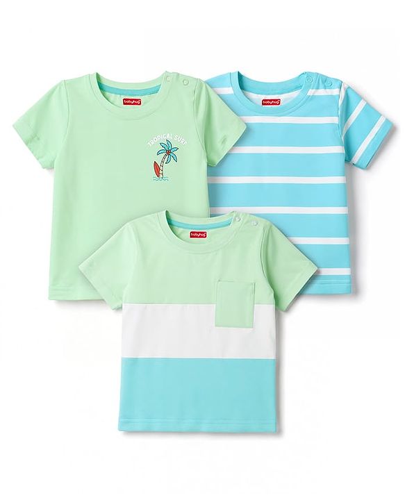 Babyhug 100% Cotton Knit T-Shirts Half Sleeves with Graphics Light/Sky Blue 6-9 Months Pack of 3