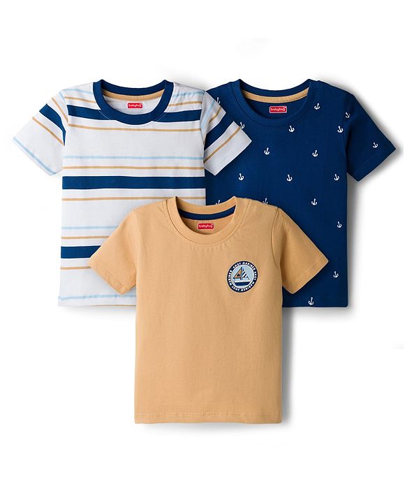 Babyhug Cotton Knit Half Sleeves Round Neck Graphic & Striped T-Shirts Pack of 3 Multi Color 6-9 Months