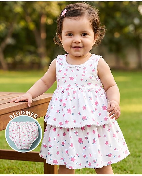Babyhug Cotton Woven Frocks with Bloomer/Shorts Floral Print White 0-0 Months