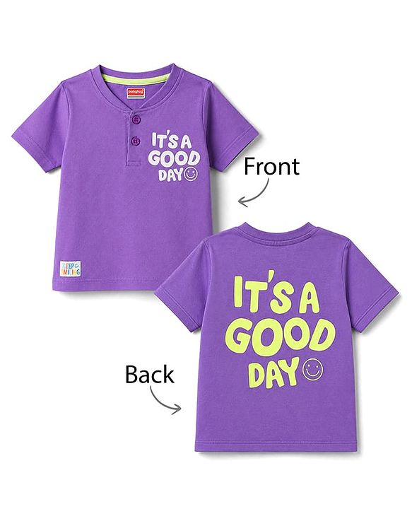 Babyhug 100% Cotton Knit Half Sleeves T-Shirt With Front & Back Text Print - Purple