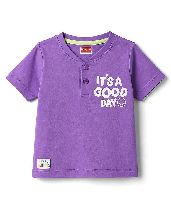 Babyhug 100% Cotton Knit Half Sleeves T-Shirt With Front & Back Text Print - Purple