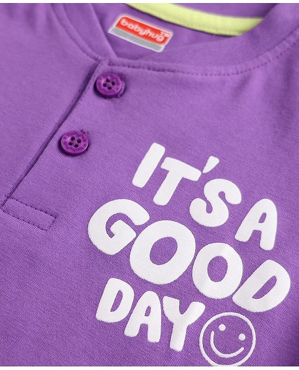 Babyhug 100% Cotton Knit Half Sleeves T-Shirt With Front & Back Text Print - Purple