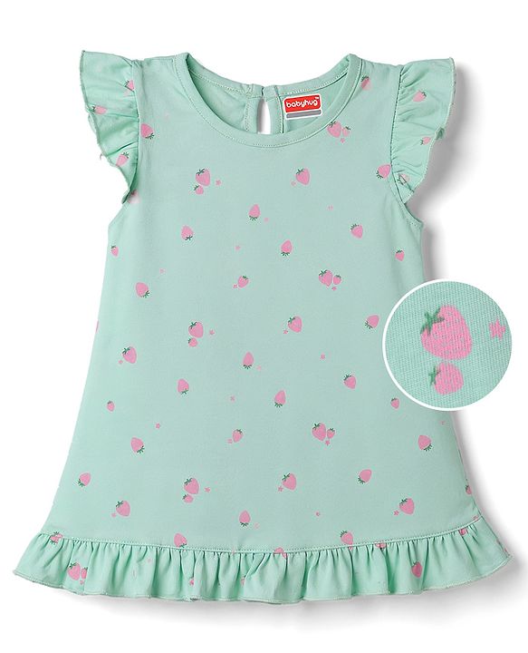 Babyhug Cotton Knit Half Sleeves Strawberry Printed Nighty - Light Blue