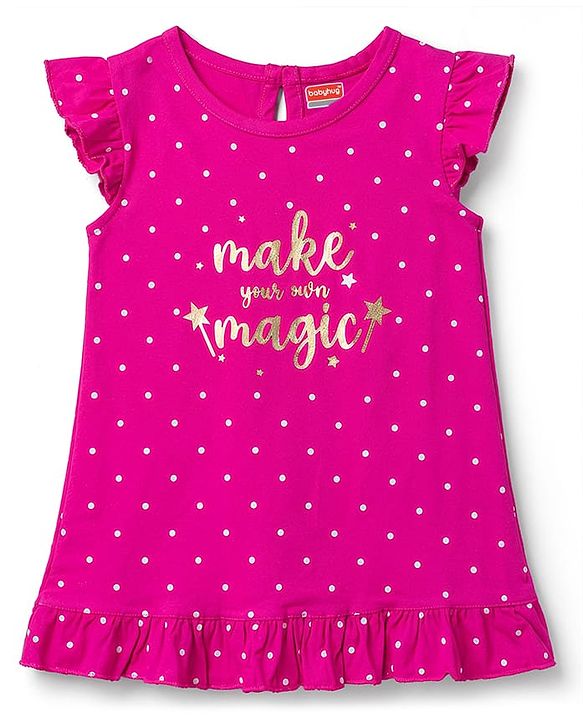 Babyhug Cotton Knit Half Sleeves Polka Dots & Foil Printed Nighty - Red
