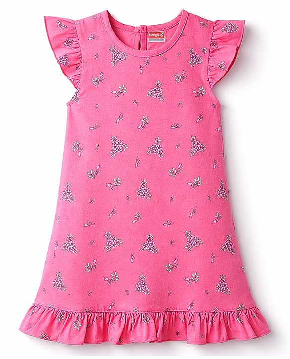 Babyhug Cotton Knit Half Sleeves Nighty With Floral Print - Pink
