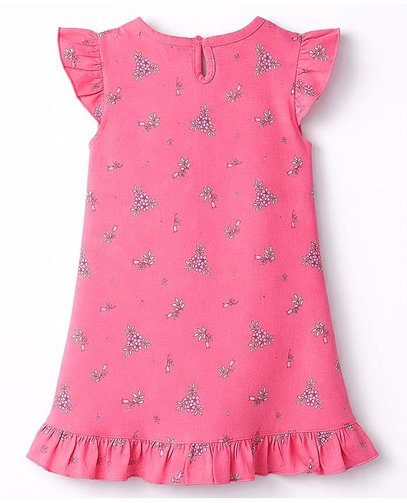 Babyhug Cotton Knit Half Sleeves Nighty With Floral Print - Pink