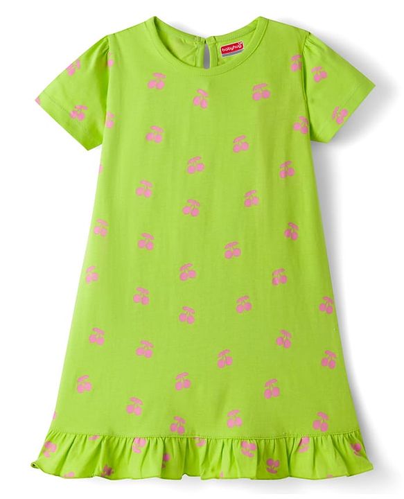 Babyhug Cotton Knit Half Sleeves Nighty With Cherry Print - Green