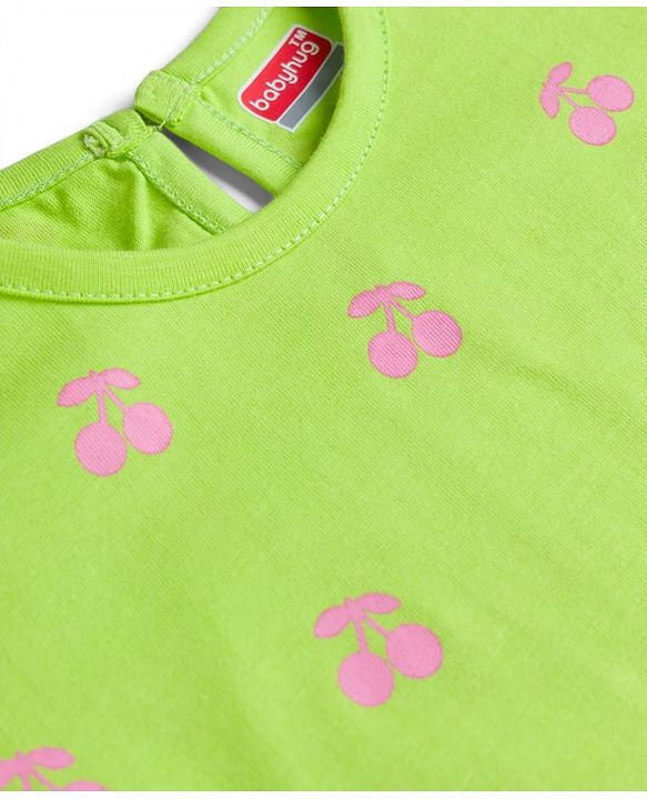 Babyhug Cotton Knit Half Sleeves Nighty With Cherry Print - Green