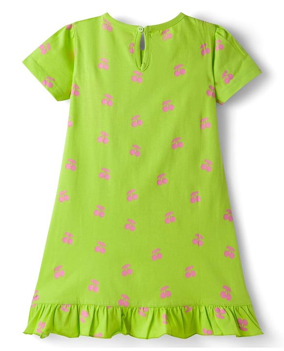 Babyhug Cotton Knit Half Sleeves Nighty With Cherry Print - Green