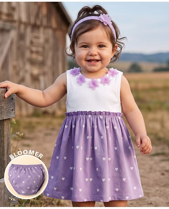 Babyhug Cotton Knit Frocks with Bloomer/Shorts Sleeveless with Flower Applique Lavender 0-0 Months