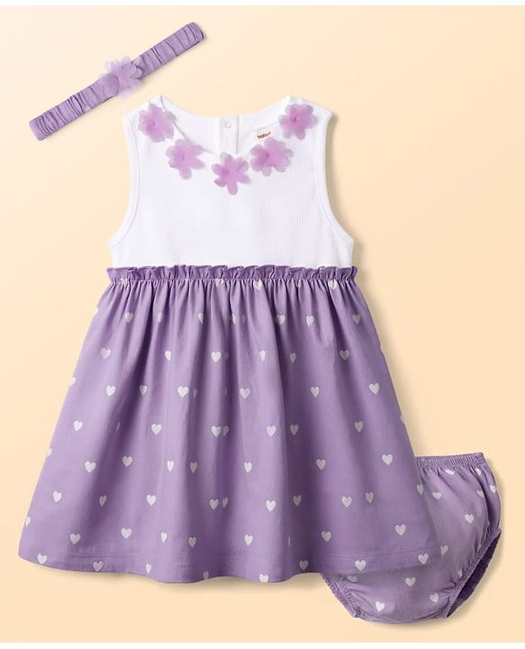 Babyhug Cotton Knit Frocks with Bloomer/Shorts Sleeveless with Flower Applique Lavender 0-0 Months
