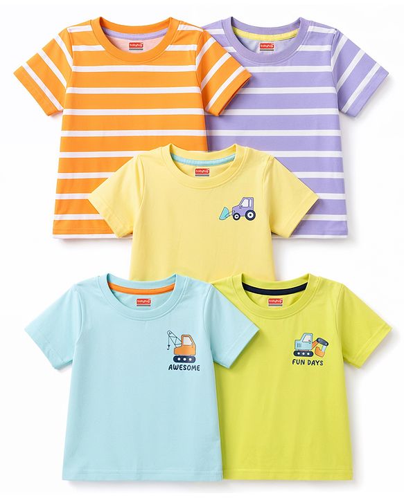 Babyhug 100% Cotton Knit T-Shirts Half Sleeves with Graphics Multi Color 6-9 Months Pack of 5