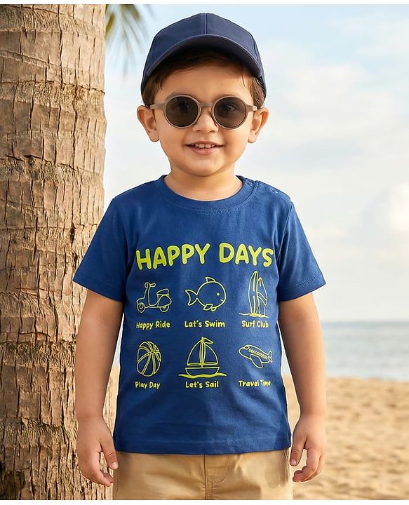 Babyhug Cotton Knit Half Sleeves T-Shirt with Text & Vehicle Graphics - Navy Blue