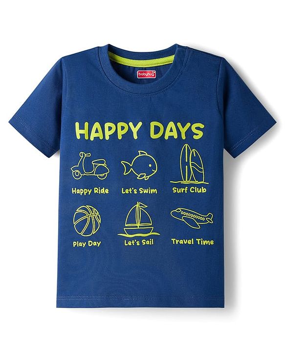 Babyhug Cotton Knit Half Sleeves T-Shirt with Text & Vehicle Graphics - Navy Blue