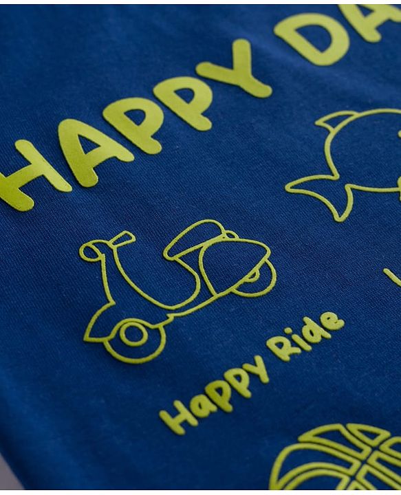 Babyhug Cotton Knit Half Sleeves T-Shirt with Text & Vehicle Graphics - Navy Blue