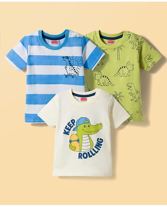 Babyhug Cotton Knit Half Sleeves T-Shirts With Dino Print Pack of 3 - Multicolor