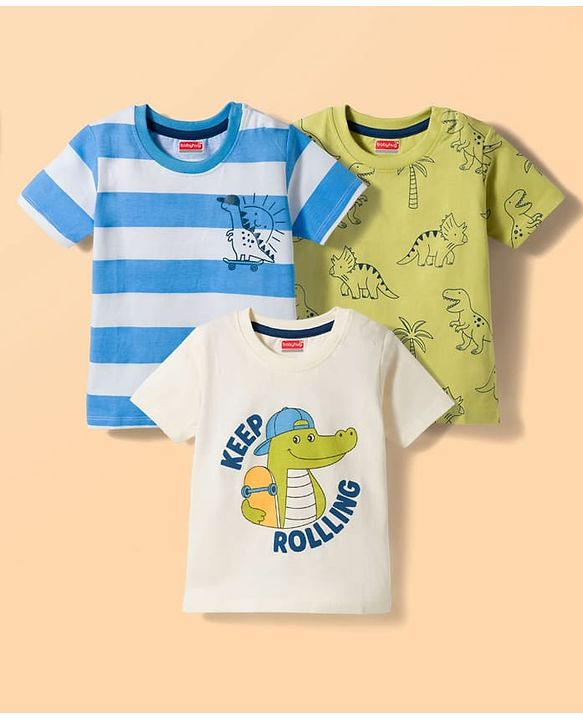 Babyhug Cotton Knit Half Sleeves T-Shirts With Dino Print Pack of 3 - Multicolor