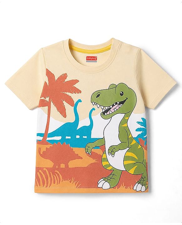 Babyhug 100% Cotton Knit Half Sleeves T-Shirts With Dino Graphic - Cream