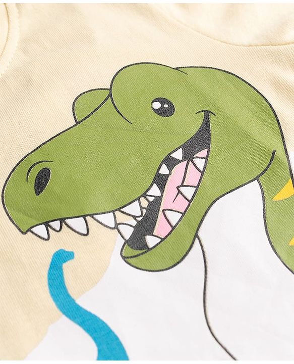 Babyhug 100% Cotton Knit Half Sleeves T-Shirts With Dino Graphic - Cream