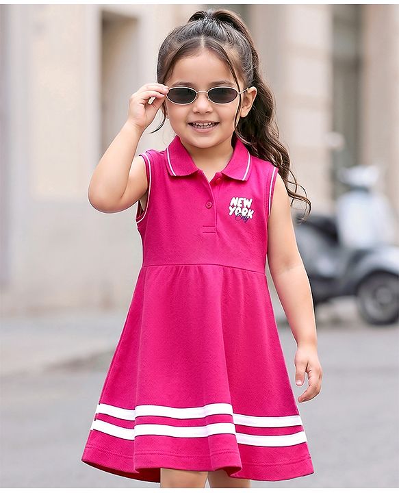 Babyhug Knit Sleeveless Frock With New York Print - Dark Pink