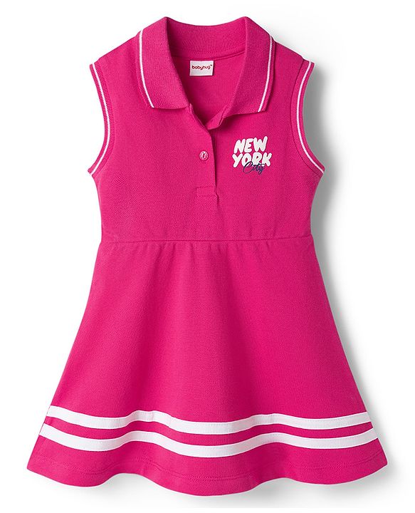 Babyhug Knit Sleeveless Frock With New York Print - Dark Pink