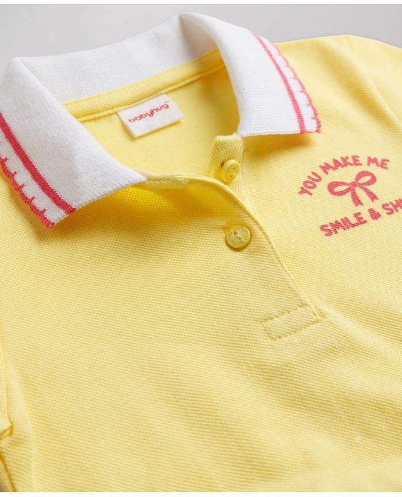 Babyhug Cotton Knit Half Sleeves Collared Frock with Text Print - Yellow