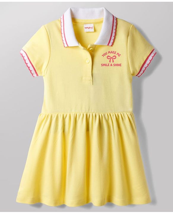 Babyhug Cotton Knit Half Sleeves Collared Frock with Text Print - Yellow