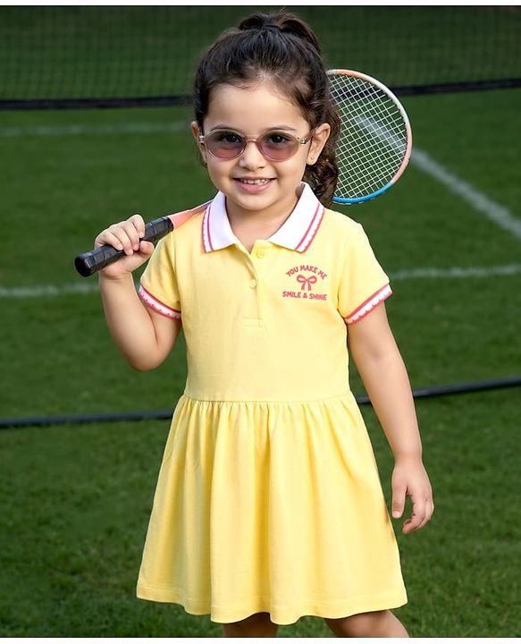 Babyhug Cotton Knit Half Sleeves Collared Frock with Text Print - Yellow