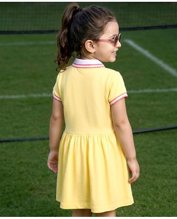 Babyhug Cotton Knit Half Sleeves Collared Frock with Text Print - Yellow