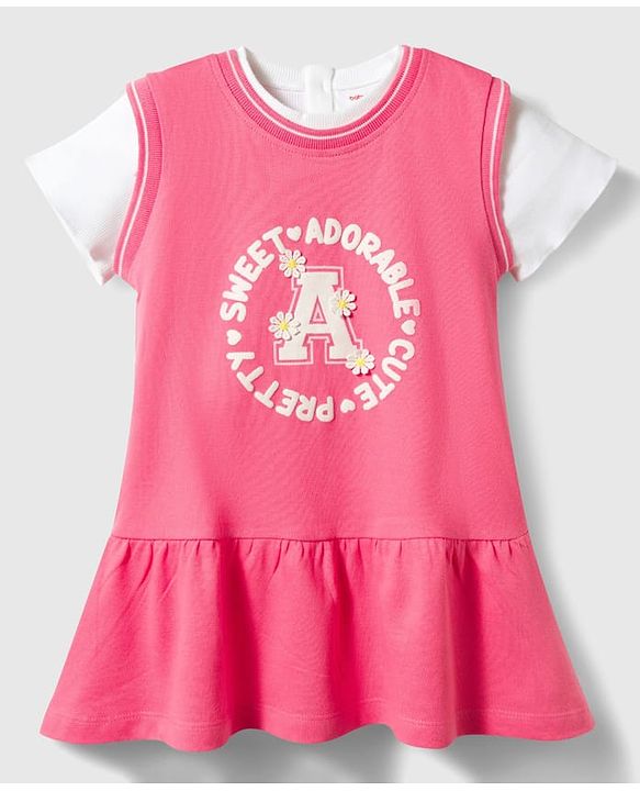 Babyhug Cotton Knit Frocks with Inner Tee Sweet Adorable Cute Graphic Pink 9-12 Months