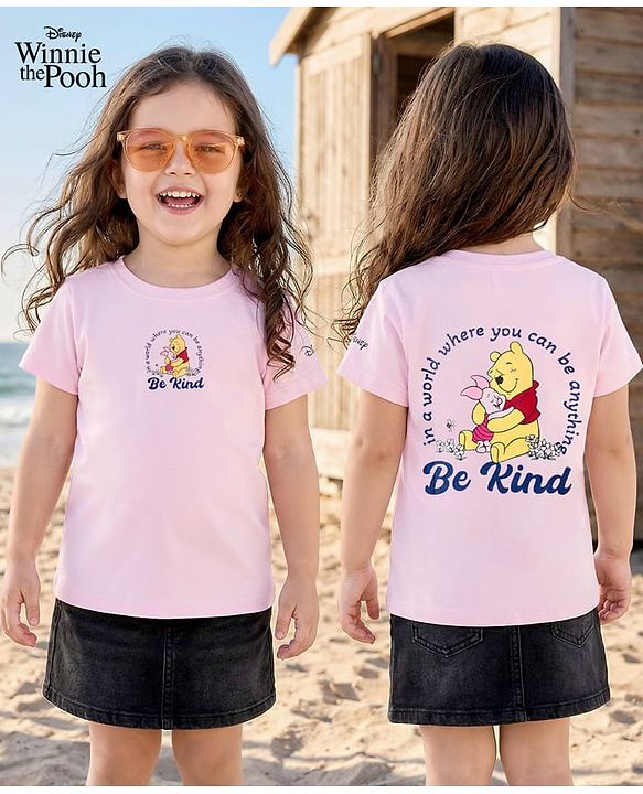 Babyhug Disney 100% Cotton Knit Half Sleeves T-Shirt With Front & Back Winnie the Pooh Graphic - Pink
