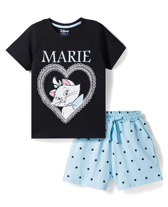 Pine Kids Disney Single Jersey Knit Half Sleeves T-Shirt & Shorts Night Suit With Marie Graphics - Blue