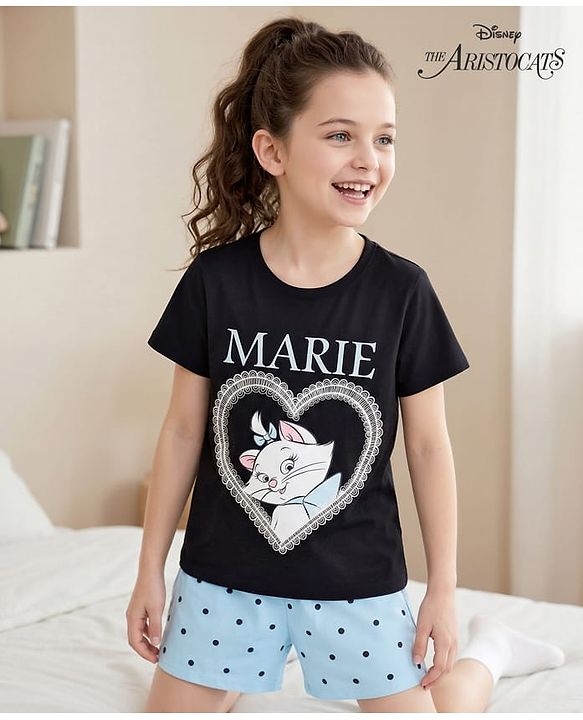 Pine Kids Disney Single Jersey Knit Half Sleeves T-Shirt & Shorts Night Suit With Marie Graphics - Blue