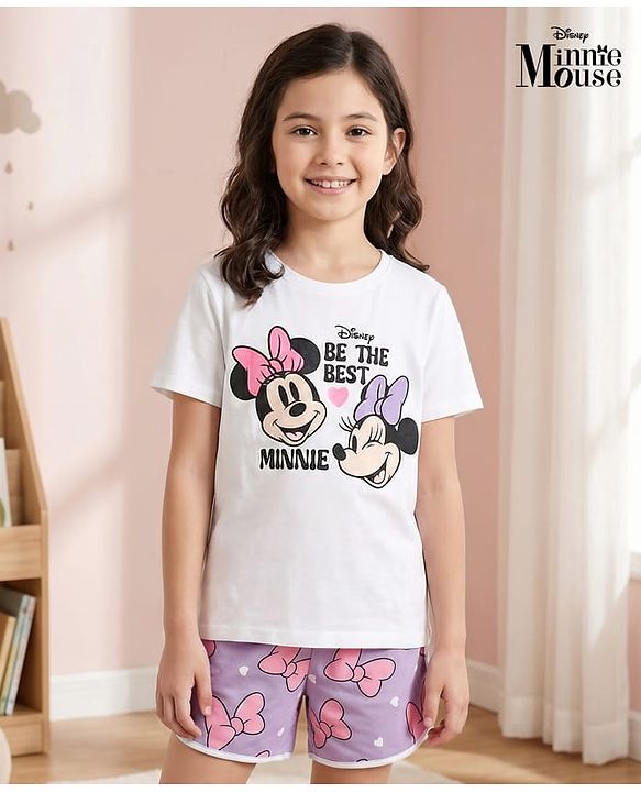 Pine Kids Disney Single Jersey Knit Half Sleeves T-Shirt & Shorts Night Suit with Minnie Mouse Graphic - Multicolor