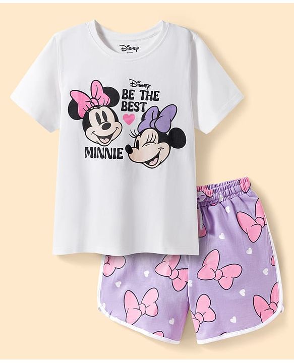 Pine Kids Disney Single Jersey Knit Half Sleeves T-Shirt & Shorts Night Suit with Minnie Mouse Graphic - Multicolor