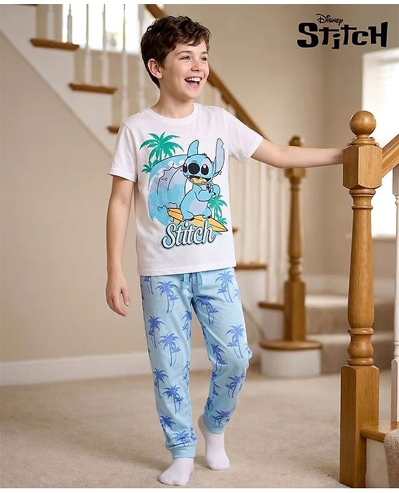 Pine Kids Disney Single Jersey Knit Half Sleeves T-Shirt & Pajama Night Suit with Stitch Graphics - White & Blue
