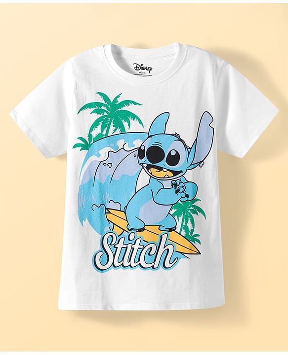 Pine Kids Disney Single Jersey Knit Half Sleeves T-Shirt & Pajama Night Suit with Stitch Graphics - White & Blue
