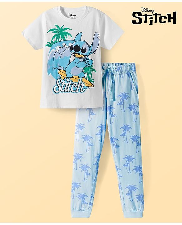 Pine Kids Disney Single Jersey Knit Half Sleeves T-Shirt & Pajama Night Suit with Stitch Graphics - White & Blue