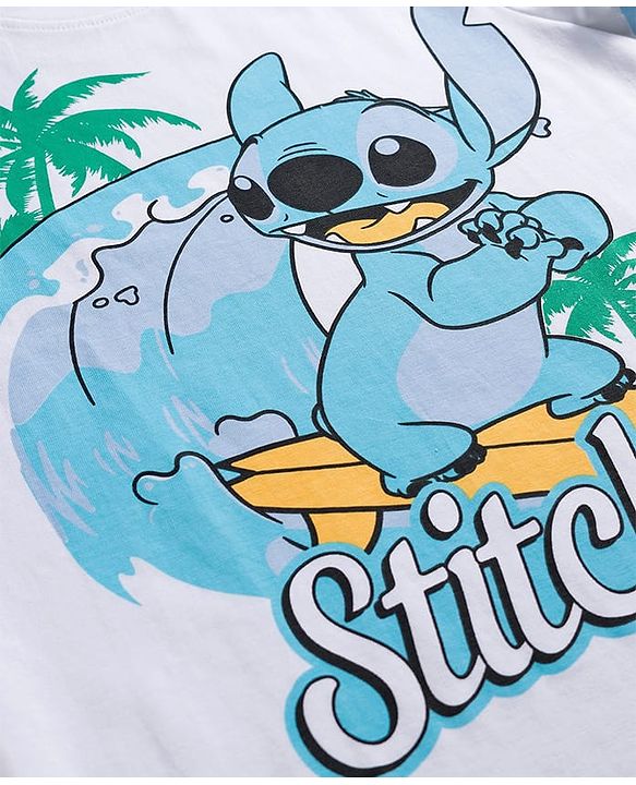 Pine Kids Disney Single Jersey Knit Half Sleeves T-Shirt & Pajama Night Suit with Stitch Graphics - White & Blue
