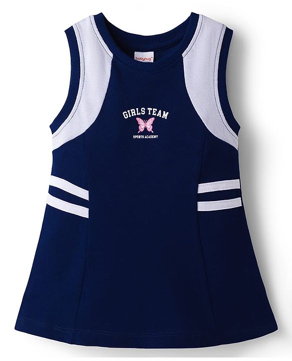 Babyhug Knit Sleeveless Frock With Butterfly Print - Navy Blue
