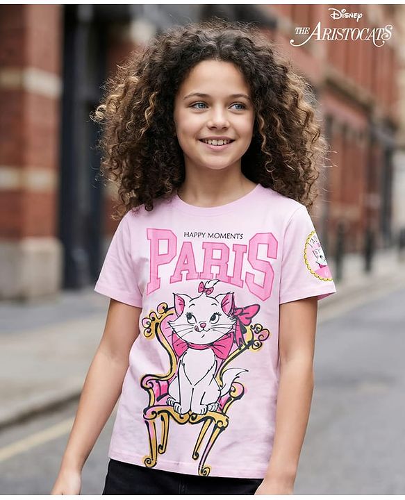 Pine Kids Disney 100% Cotton Half Sleeves T-Shirt With Marie Graphic - Pink