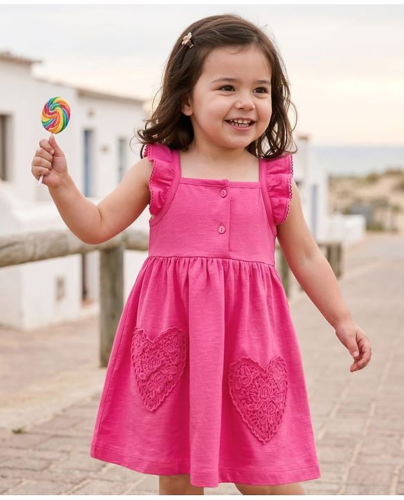 Babyhug Knit Sleeveless Frock With Heart Patch - Dark Pink