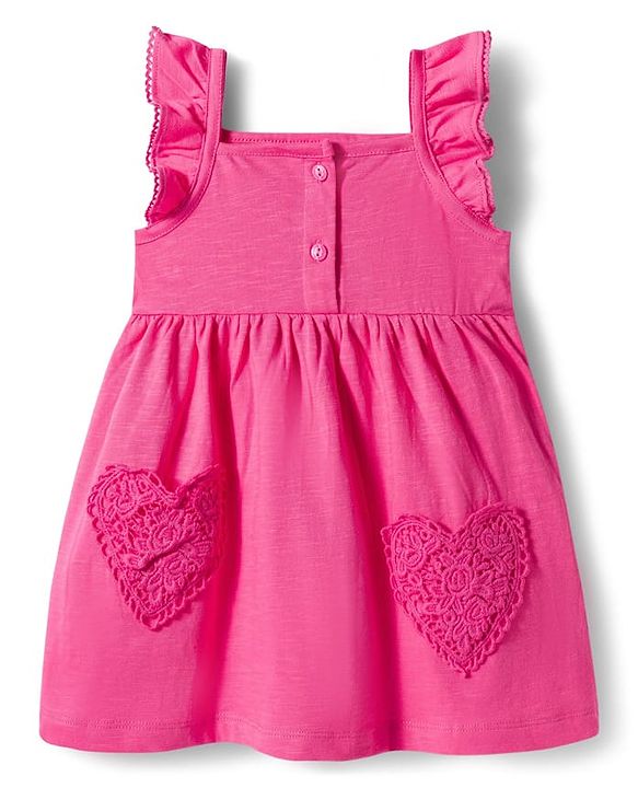 Babyhug Knit Sleeveless Frock With Heart Patch - Dark Pink