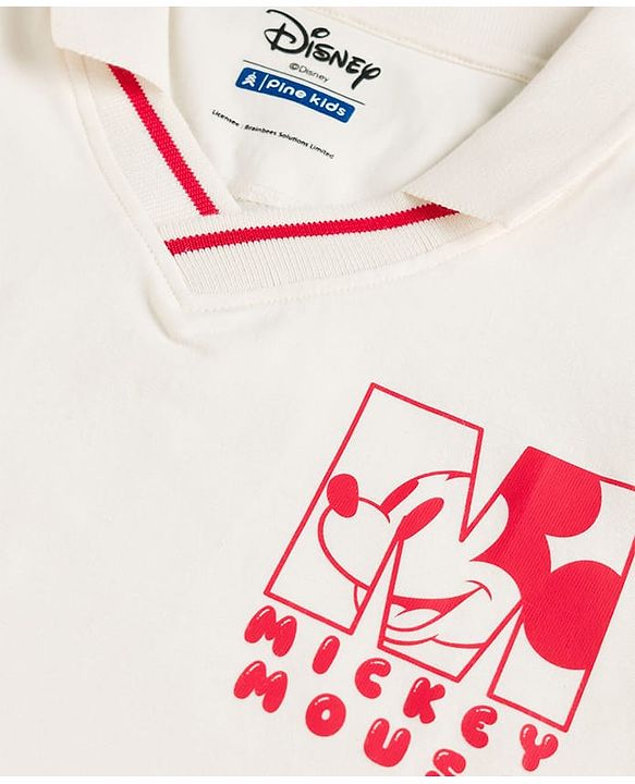 Pine Kids Disney Single Jersey Knit Half Sleeves Polo T-Shirt With Mickey Mouse Graphics - Off White